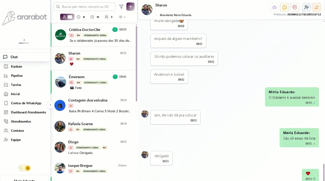 Caixa de entrada unificada do WhatsApp no CRM Ararabot com múltiplas conversas e atendentes