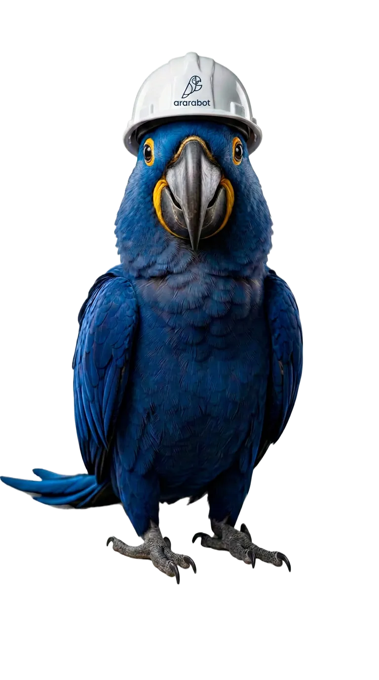 Arara azul mascote da Ararabot olhando para você